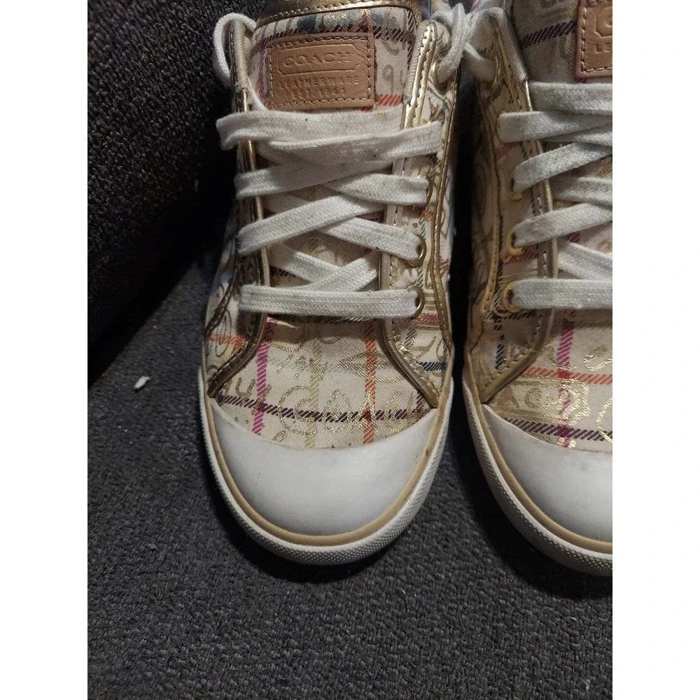 Coach Women's Size 8.5B Barrett Cream Gold Plaid Lace-Up Low Top Sneakers‎ Y2k